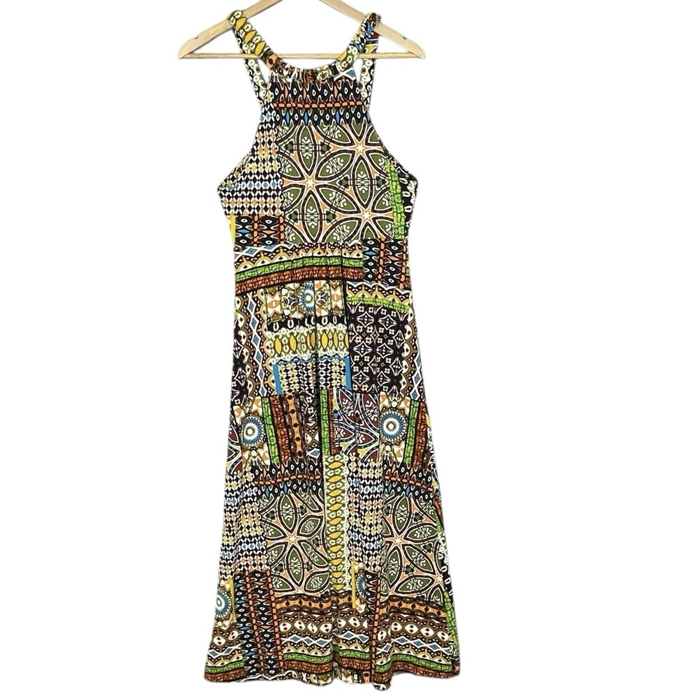 Patchwork Print Babydoll Maxi Halter Dress Womens 6 Earthy Boho Chic Resortwear - Picture 4 of 9